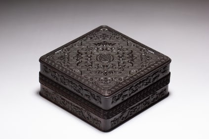 Red Sandalwood Carved Bat and Shou Pattern Lid Box