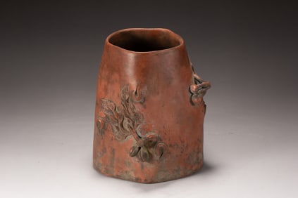 Purple Clay Carved Flower Pattern Brush Pot
