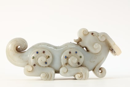 Jade Inlaid Gem Stone Carved Beast Ornament