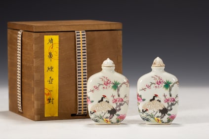 Pair of Famille Rose Crane and Plum Flower Pattern Porcelain Snuff Bottle