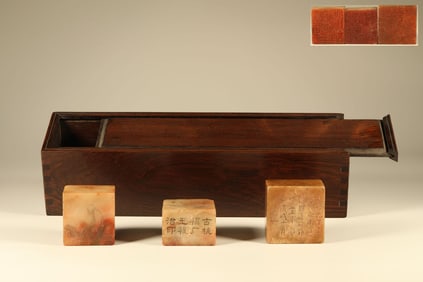 Group of Three Shoushan Carved Arhat and Poetry Pattern Stone Seal