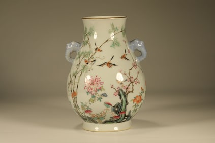 Famille Rose Flower and Bird Pattern Porcelain Double Ears Zun
