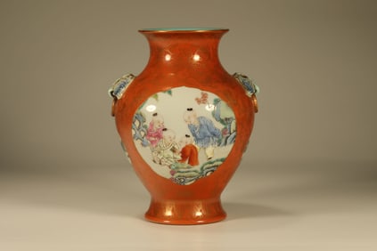Orange Draw Gold Drawing Playing Children Pattern Porcelain Vase