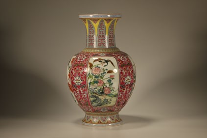 Famille Rose Flower and Bird Pattern Porcelain Vase