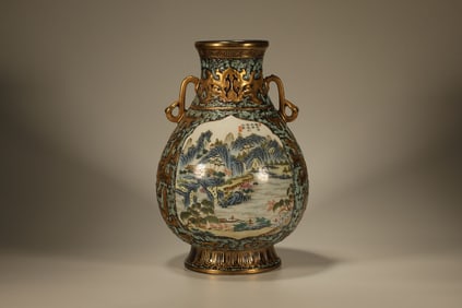 Famille Rose Landscape and Character Pattern Porcelain Double Ears Zun