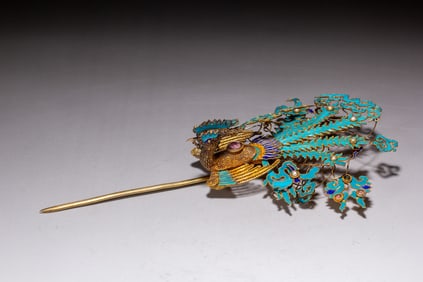 Gilt Silver Blue Enameled Inlaid Gem Stone Carved Phoenix Pattern Hairpin