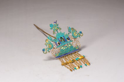 Gilt Silver Blue Enameled Carved Dragon and Fish Pattern Hairpin