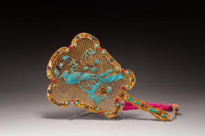 Gilt Bronze Blue Enameled Inlaid Gem Stone Carved Bird Pattern Fan
