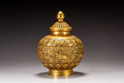 Gilt Bronze Carved Horse and Character Pattern Pot