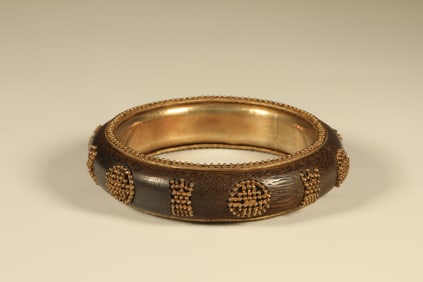 Agarwood Inlaid Gilt Silver Carved Shou Pattern Bangle