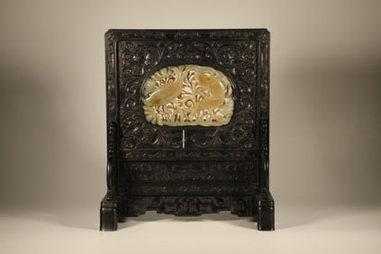 Red Sandalwood Inlaid Jade Carved Crane Pattern Table Plaque
