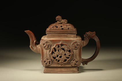 Purple Clay Carved Magpie with Plum Flower Pattern Teapot and Beast Shape Lid