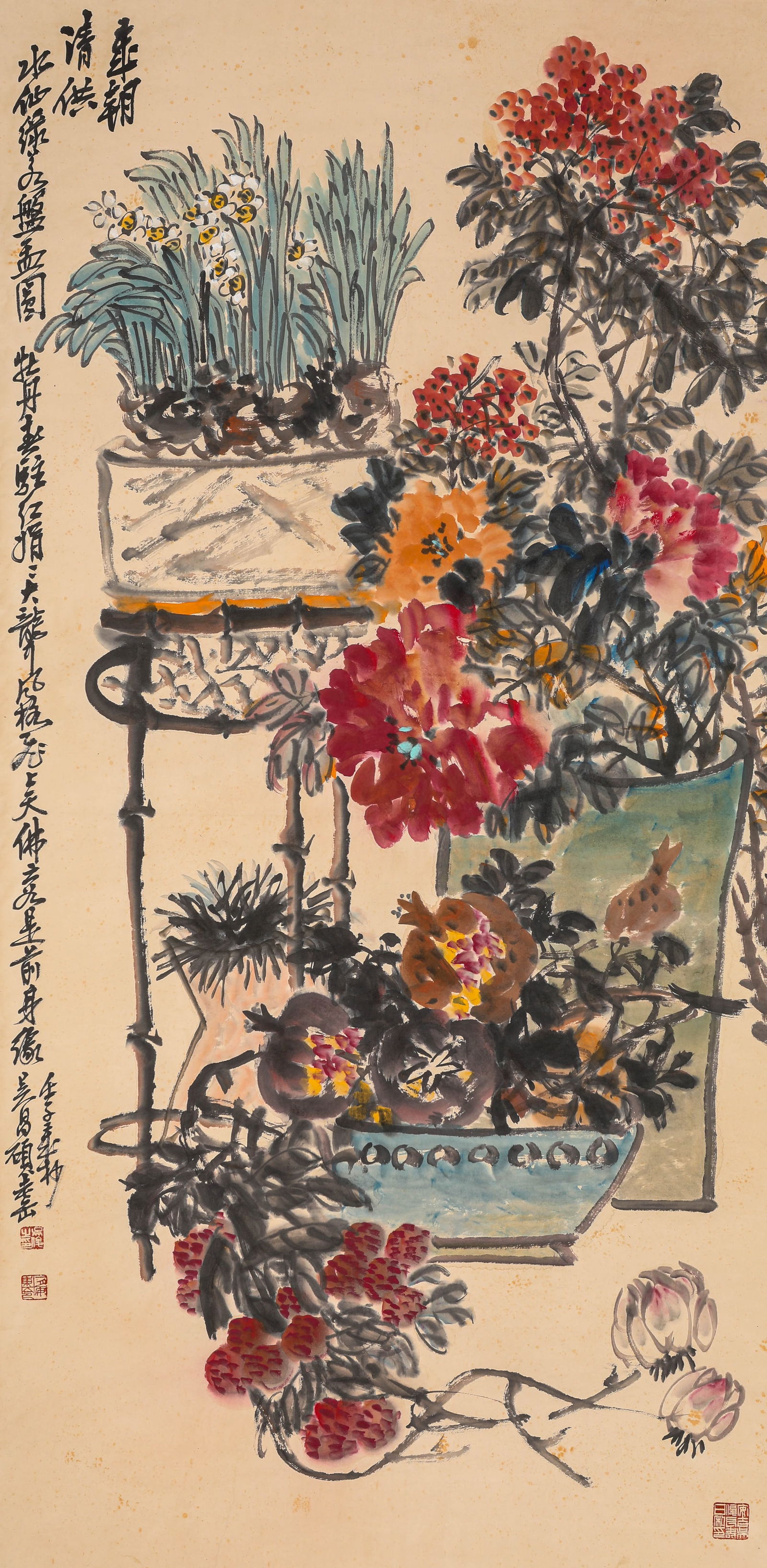 A Chinese Scroll Painting of Jardiniere on the Shelf by Wu Chang Shuo: A Chinese Scroll Painting of Jardiniere on the Shelf by Wu Chang Shuo (69 x 138cm)