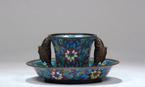 A CLOISONNÉ BRONZE 'LOTUS'CUP AND DISH