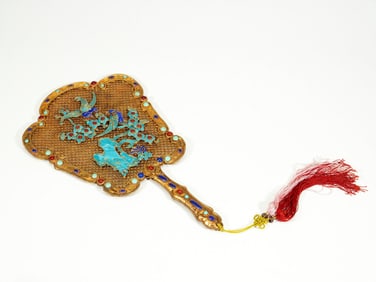 A GILT BRONZE 'BIRD AND FLORAL' FAN