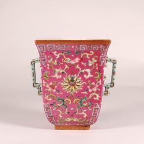 A FAMILLE ROSE 'FLORAL'DOUBLE-EARED VASE