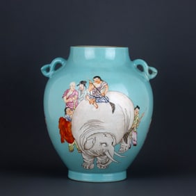 A FAMILLE ROSE TURQUOISE-GROUND 'ELEPHANT AND FIGURAL' JAR