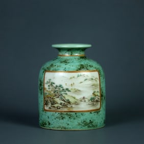 A GREEN GLAZED FAMILLE ROSE 'LANDSCAPE'JAR