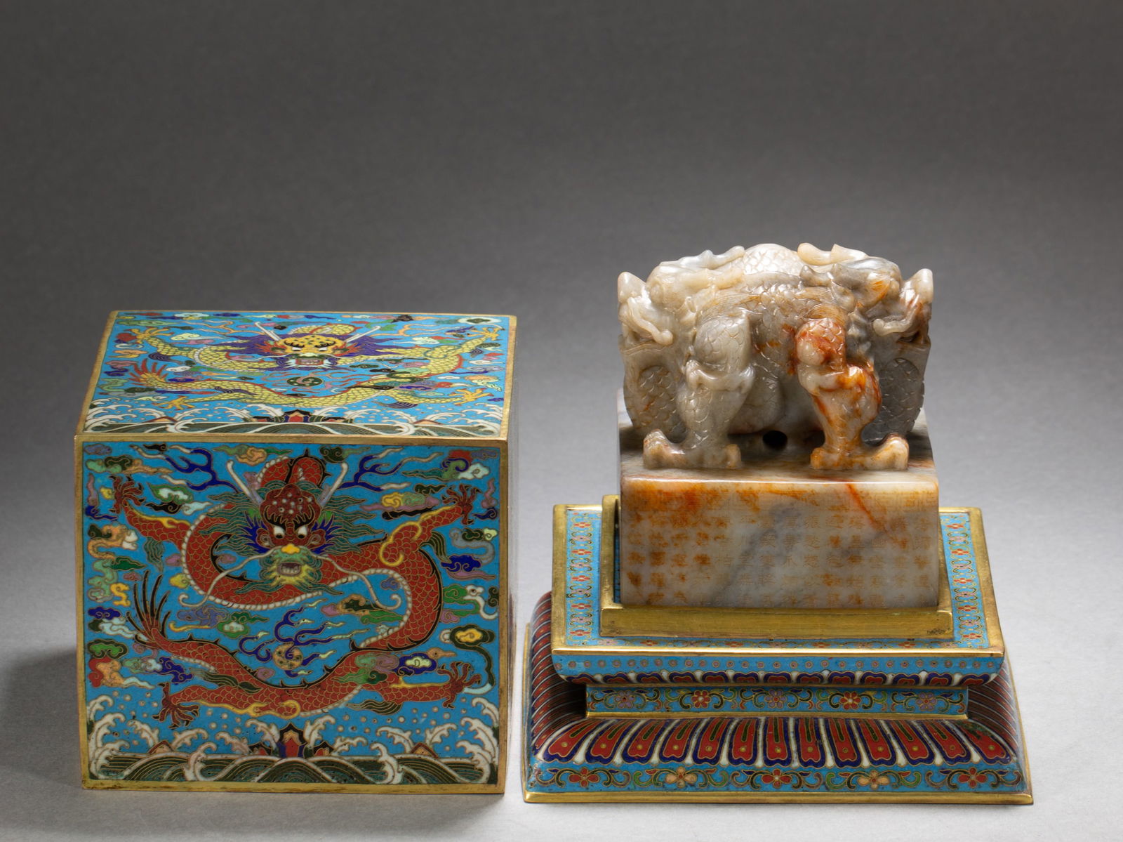 Bronze Cloisonne Carved Flower Pattern Box And Jade Carved Poetry