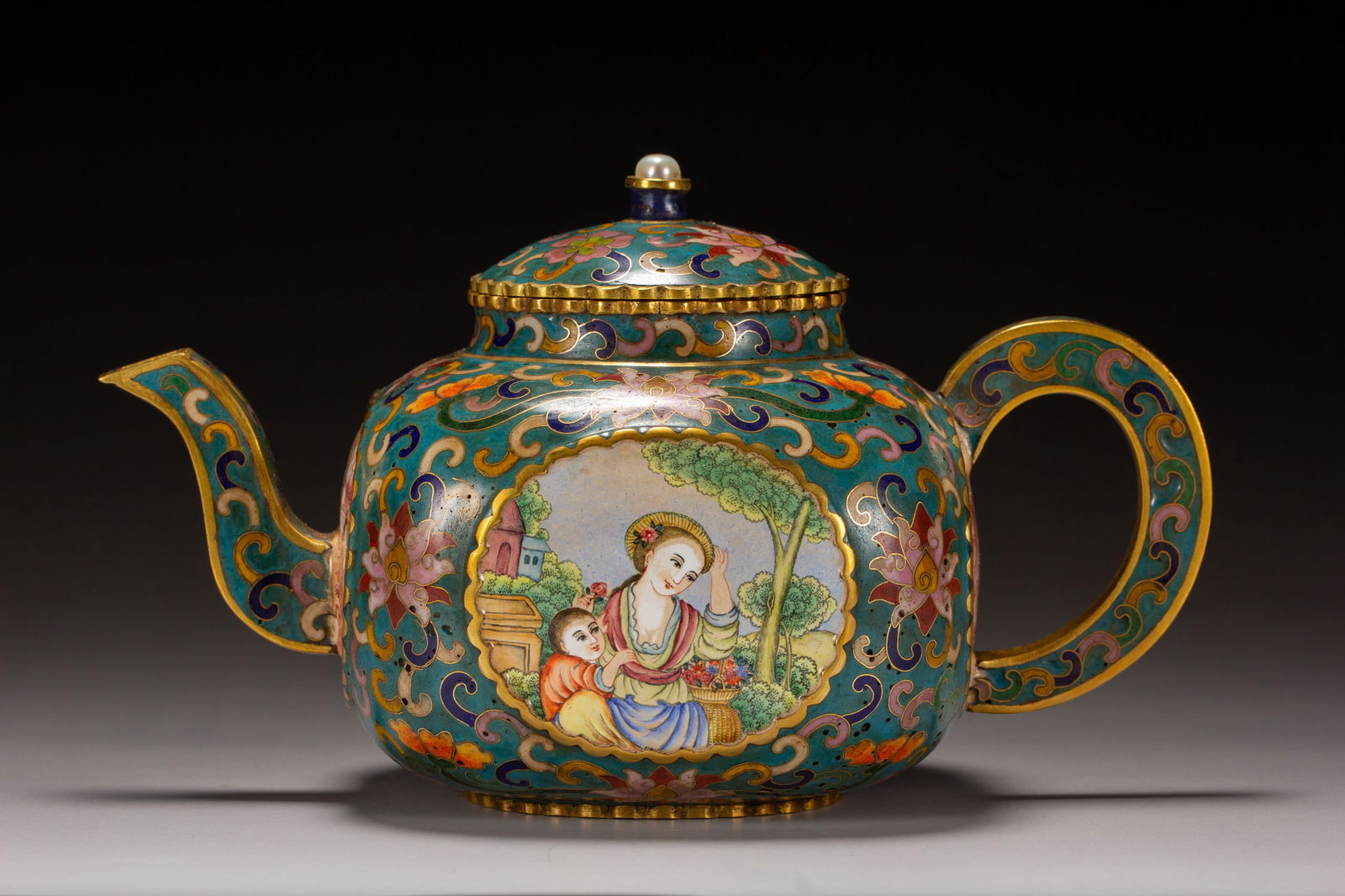 Bronze Cloisonne Carved Beauty and Child Pattern Teapot (1 of 8)