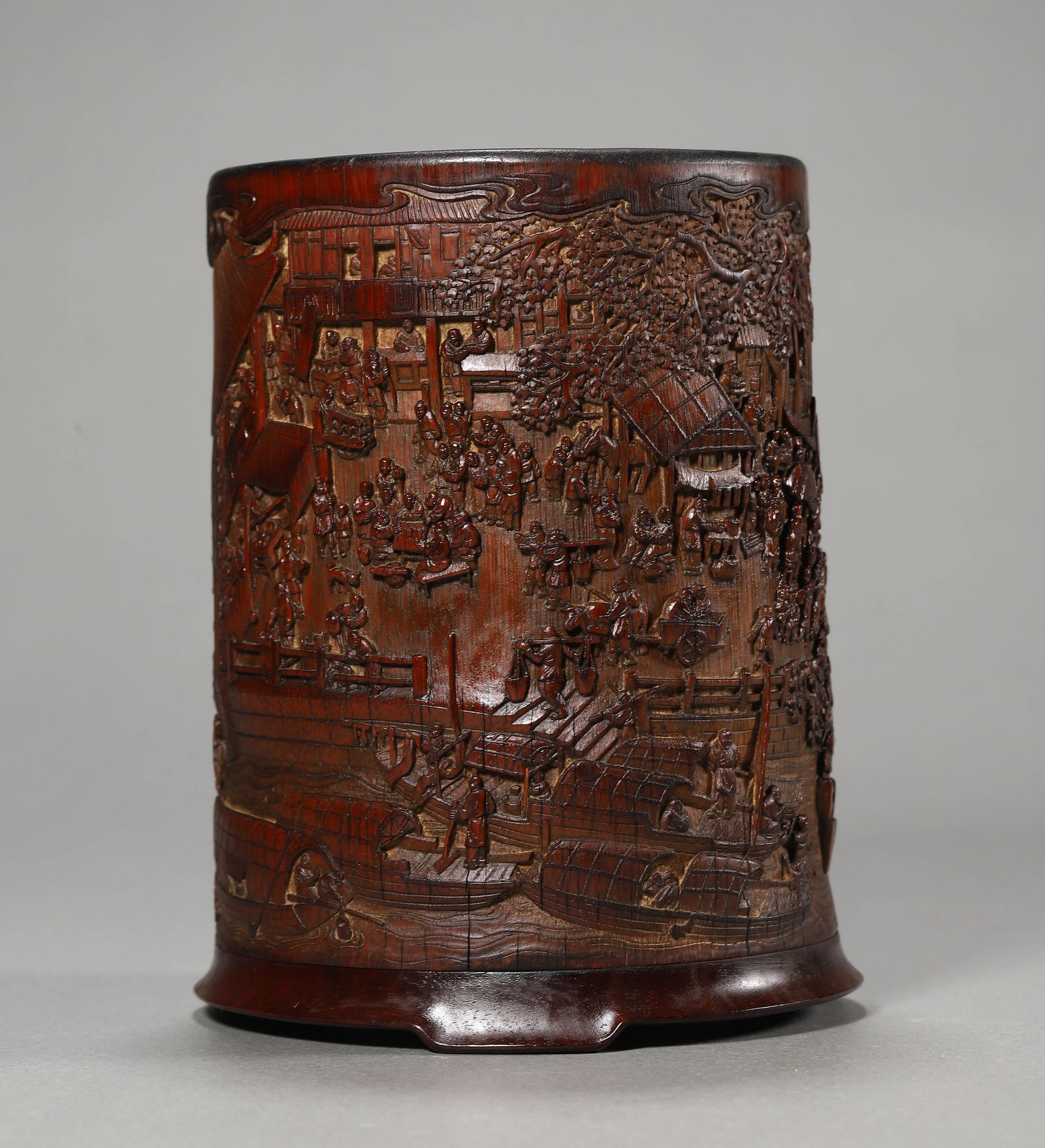A Chinese Bamboo Carving Brush Pot With Pavilion Motifs. Auction