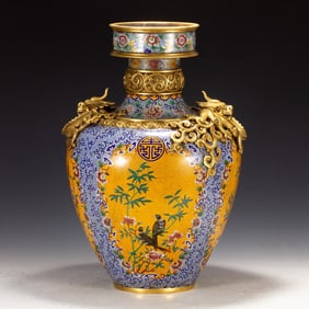Bronze Cloisonne Carved Flower and Bird Pattern Double Dragon Ears Vase