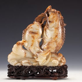 Jade Carved Fish and Lotus Flower Shape Ornament