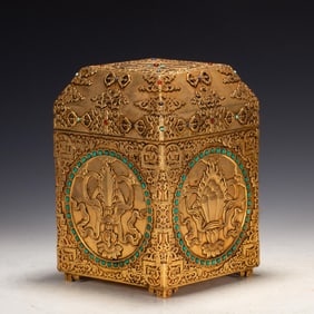 Gilt Bronze Inlaid Turquoise Carved Eight Treasure Pattern Box
