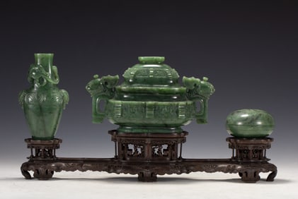 Group of Three Jasper Carved Dragon Pattern Incense Burner and Lid Box