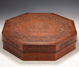 Huanghuali Wood Carved Flower and Bat Pattern Lid Box
