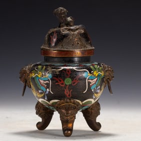 Bronze Cloisonne Carved Dragon Pattern Double Lion Ears Incense Burner