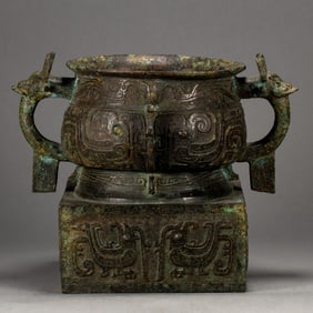 Chinese Bronze Carved Dragon Pattern Double Ears Ding