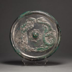 Chinese Bronze Carved Dragon and Phoenix Pattern Mirror