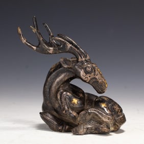 Bronze Gold and Silver Inlaid Carved Deer Ornament