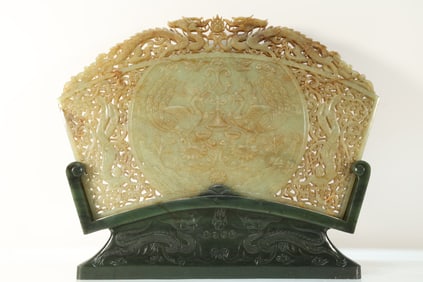 Jade Carved Dragon and Phoenix Pattern Table Plaque and Jasper Carved Dragon Pattern Base