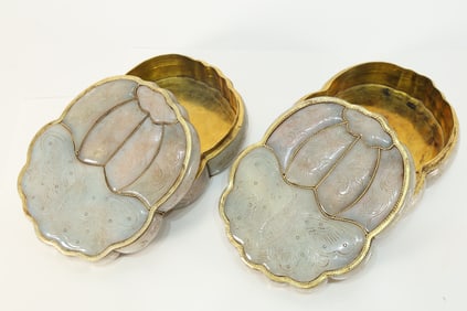 Pair of Jade Inlaid Gilt Bronze Carved Flower with Butterfly Pattern Lid Box