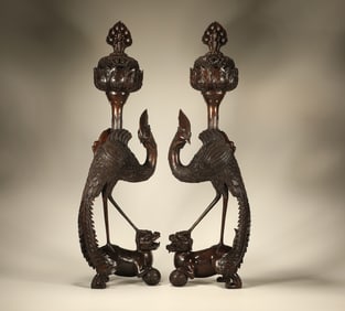 Pair of Agarwood Carved Phoenix Shape Incense Burner
