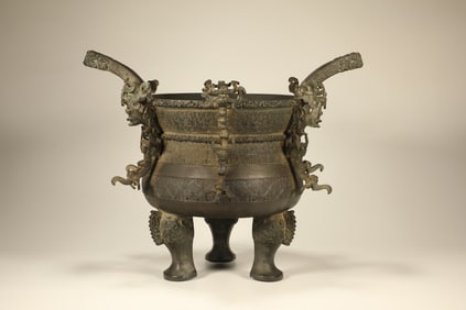 Chinese Bronze Carved Beast Face Pattern Double Ears Ding