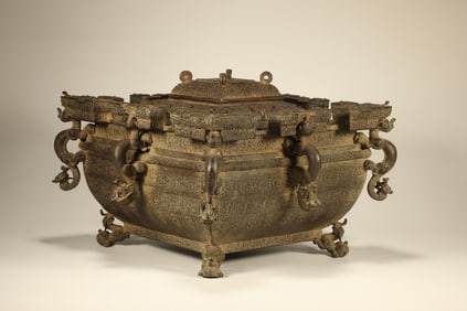 Chinese Bronze Carved Beast Face Pattern Lid Pot