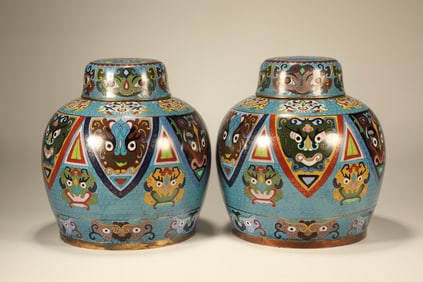 Pair of Bronze Cloisonne Carved Beast Face Pattern Pot