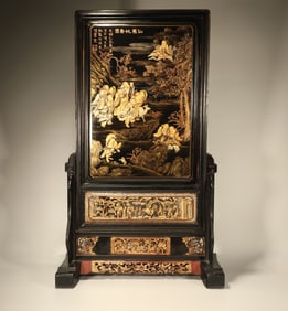 Lacquerware Multi GemStone Inlaid Gold Drawing Pine Tree and Character Story Pattern Table Plaque