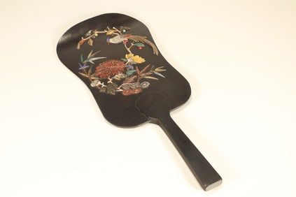 Red Sandalwood Multi GemStone Inlaid Carved Flower and Bird Pattern Fan