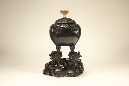 Red Sandalwood Carved Reishi Mushroom Pattern Incense Burner