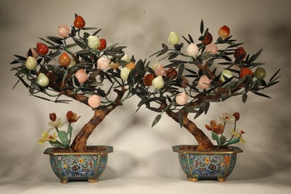 Pair of Bronze Cloisonne Multi GemStone Inlaid Carved Peach Tree Shape Ornament