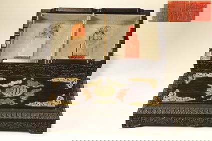 Pair of Shoushan Carved Beast Stone Seal and Red Sandalwood Multi GemStone Inlaid Carved Bat and