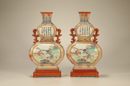 Pair of Famille Rose Character Story and Poetry Pattern Porcelain Vase