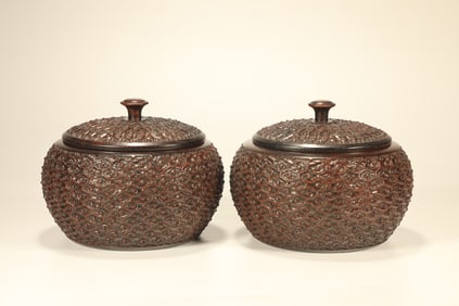 Pair of Red Sandalwood Carved Cloud Pattern Lid Pot