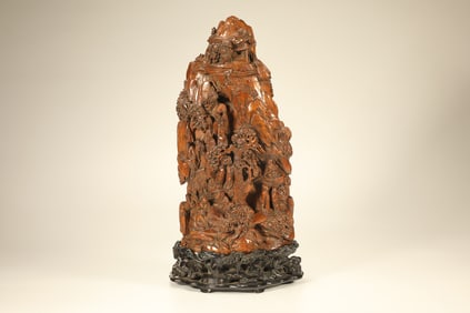 Red Sandalwood Carved Pine Tree and Character Story Pattern Ornament