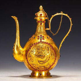 Gilt Bronze Inlaid Gem Stone Carved Dragon and Flower Pattern Pot