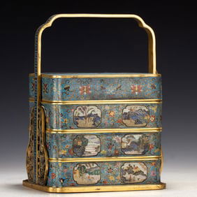 Bronze Cloisonne Carved Flower and Landscape Pattern Food Tray Box